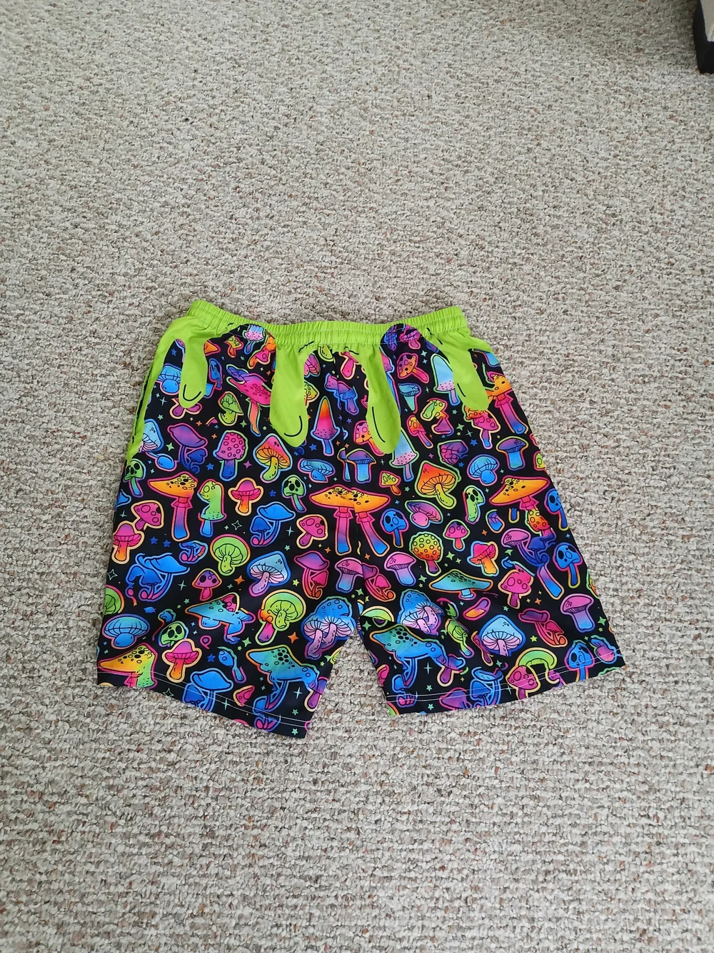 SHEIN Men's Neon Multicolor Mushroom & Bear Print Swim Board Shorts Size Medium